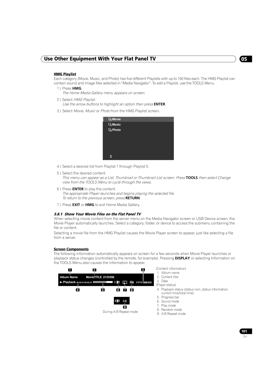 Pioneer PRO-111FD, PRO-151FD manual HMG Playlist, Show Your Movie Files on the Flat Panel TV 