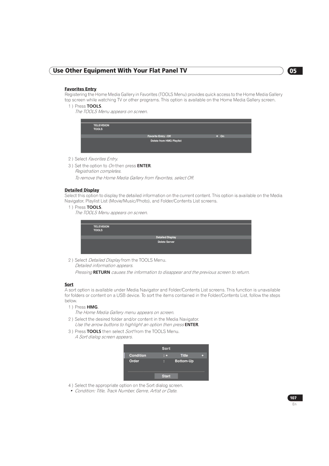 Pioneer PRO-111FD Favorites Entry, To remove the Home Media Gallery from Favorites, select Off, Detailed Display, Sort 