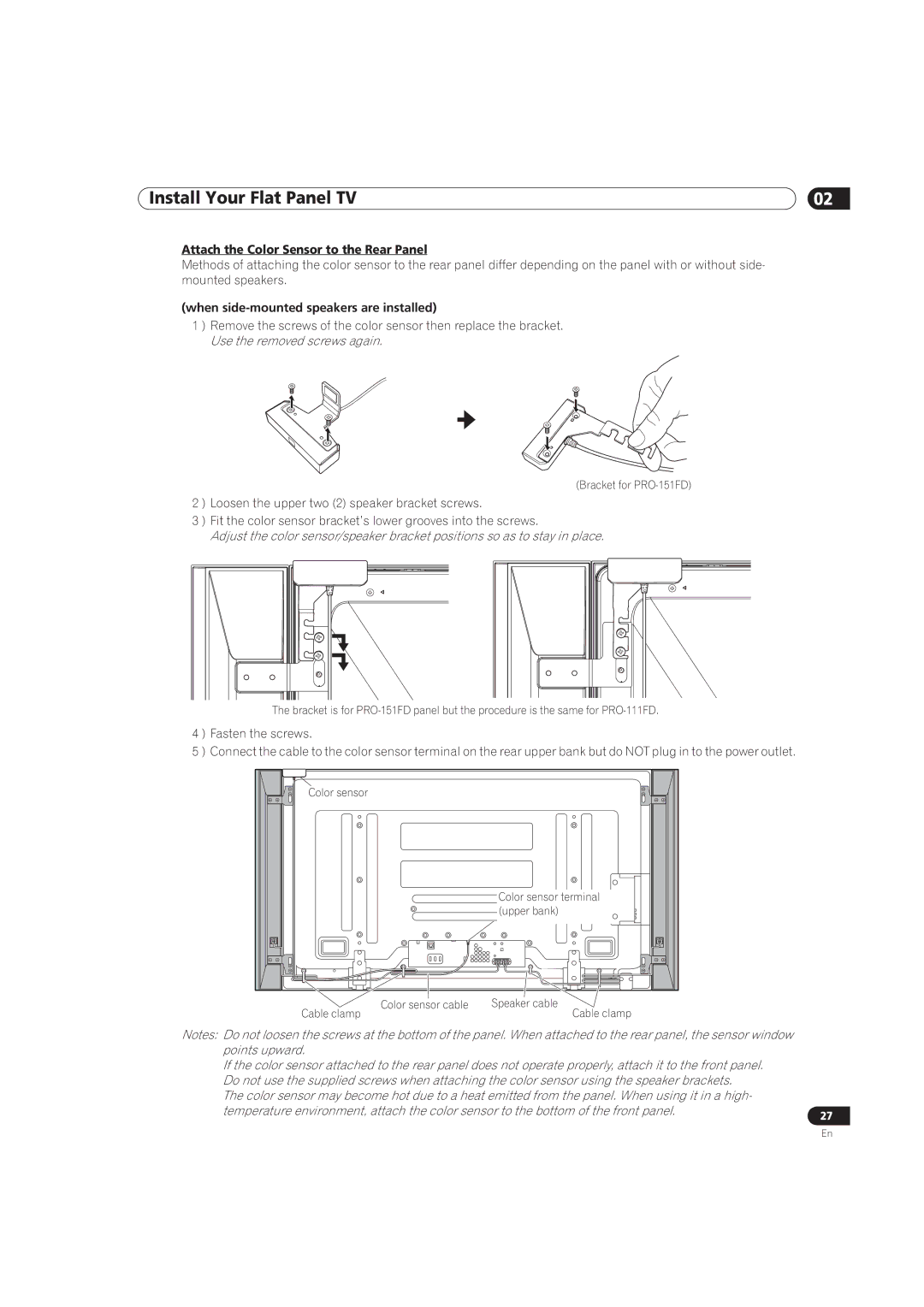 Pioneer PRO-111FD, PRO-151FD manual Attach the Color Sensor to the Rear Panel, When side-mounted speakers are installed 