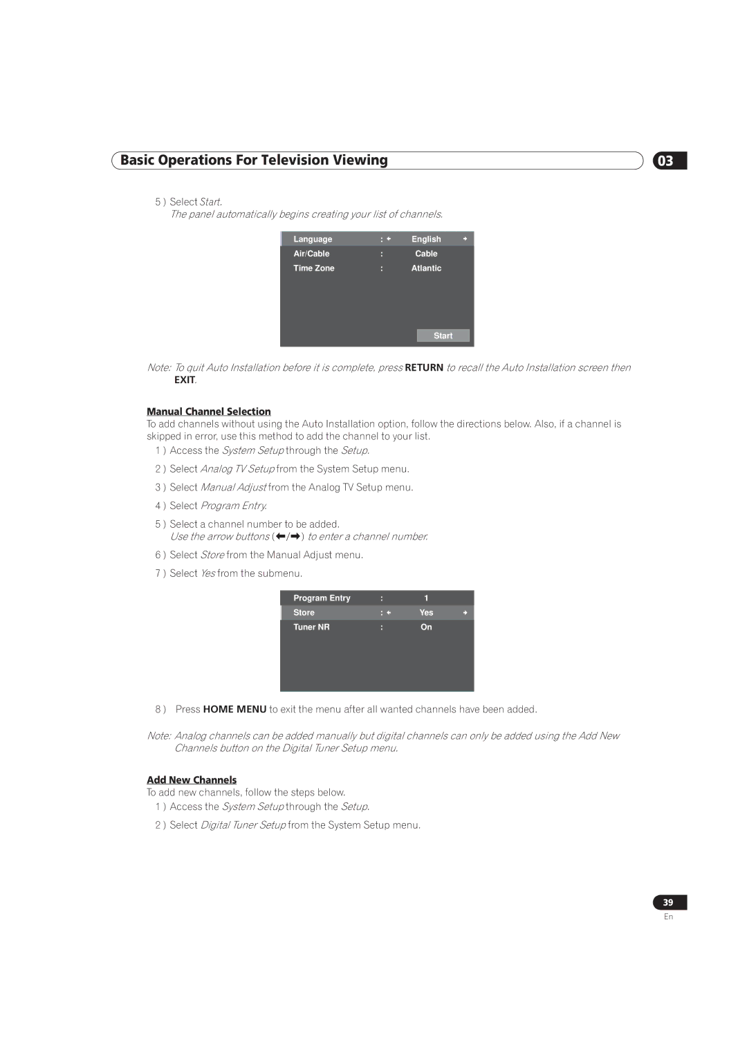 Pioneer PRO-111FD Panel automatically begins creating your list of channels, Manual Channel Selection, Add New Channels 