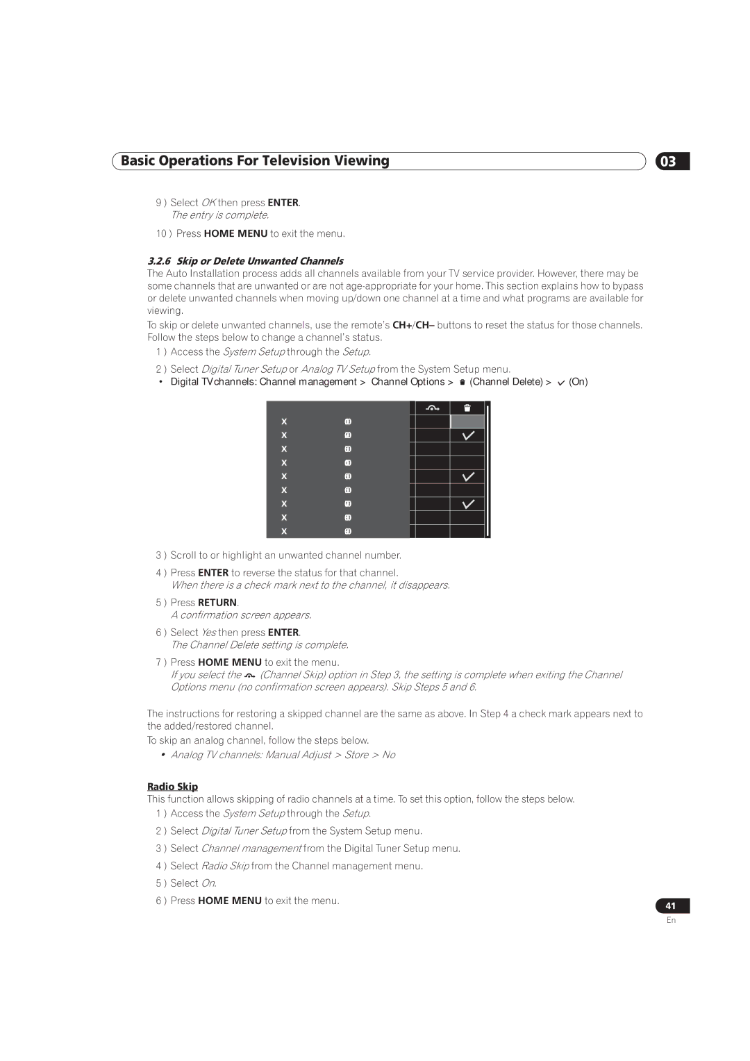 Pioneer PRO-111FD manual Skip or Delete Unwanted Channels, Confirmation screen appears, Channel Delete setting is complete 