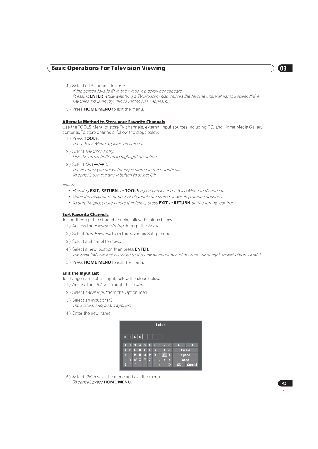 Pioneer PRO-111FD, PRO-151FD Alternate Method to Store your Favorite Channels, Sort Favorite Channels, Edit the Input List 