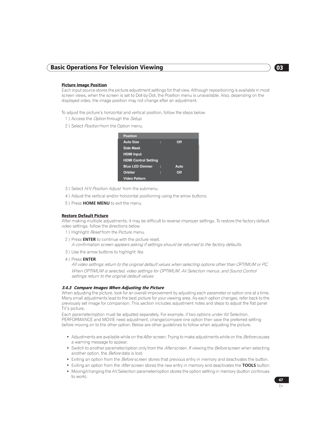 Pioneer PRO-111FD, PRO-151FD Picture Image Position, Restore Default Picture, Compare Images When Adjusting the Picture 