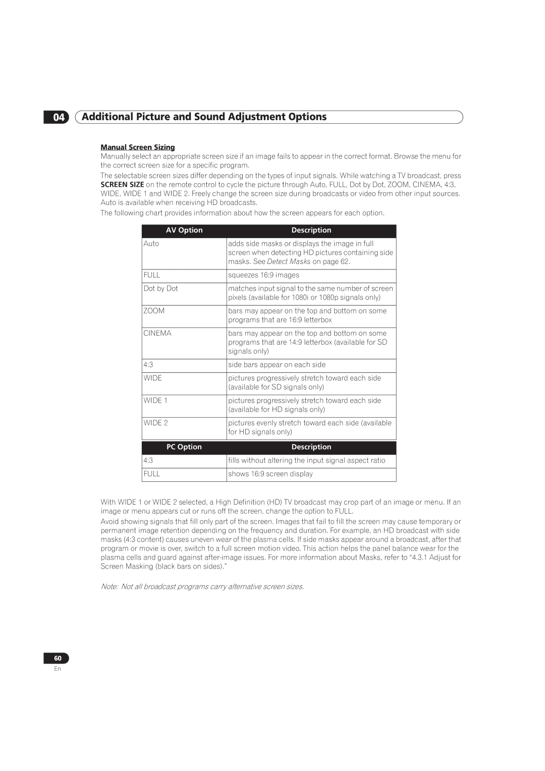 Pioneer PRO-151FD, PRO-111FD manual Manual Screen Sizing, AV Option Description, PC Option Description 