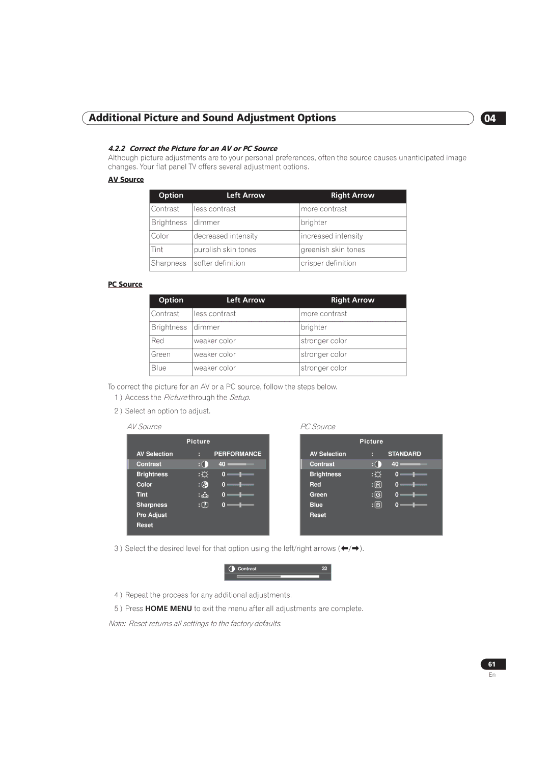 Pioneer PRO-111FD, PRO-151FD manual Correct the Picture for an AV or PC Source, AV Source, Option Left Arrow Right Arrow 