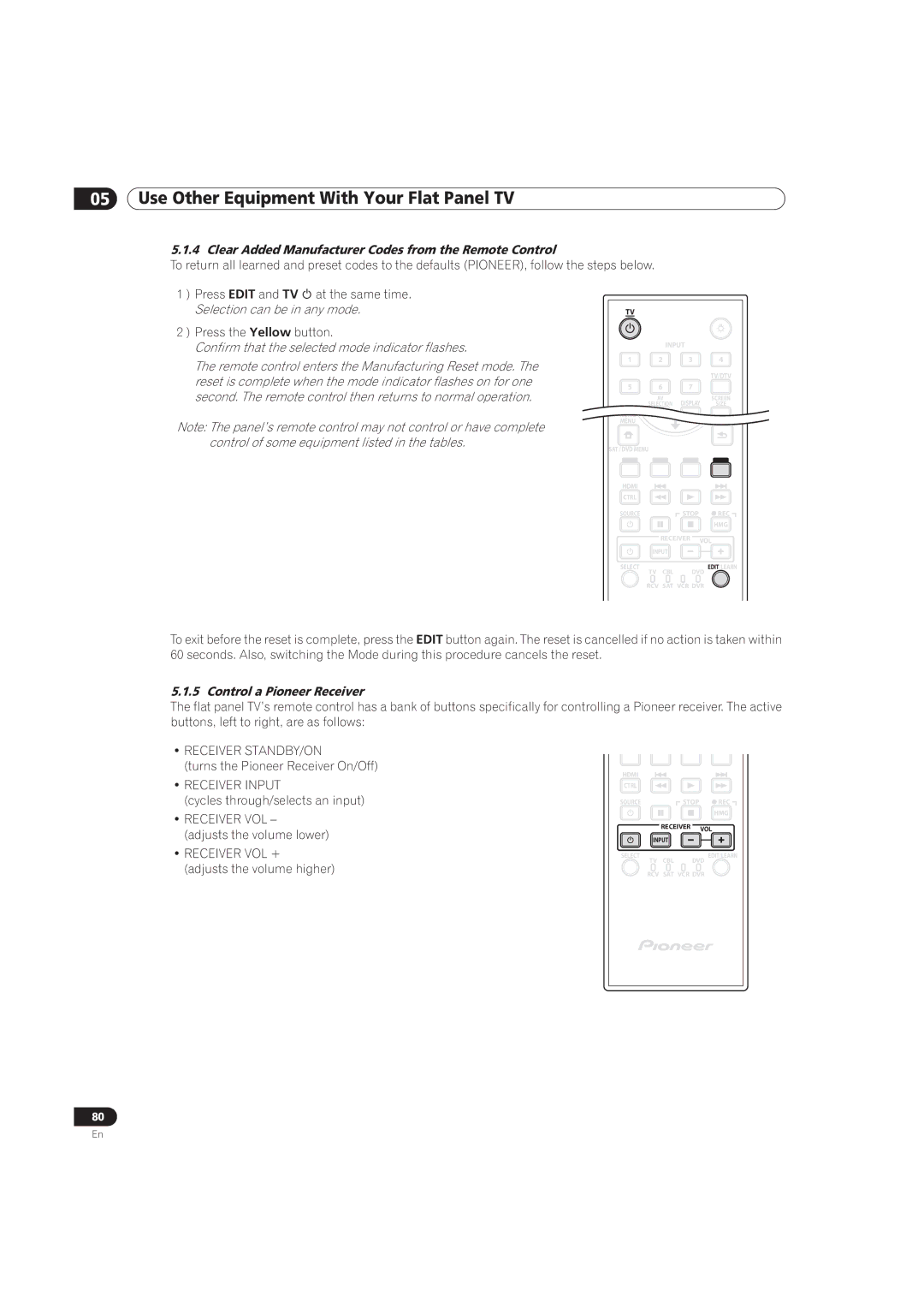 Pioneer PRO-151FD, PRO-111FD manual Clear Added Manufacturer Codes from the Remote Control, Control a Pioneer Receiver 