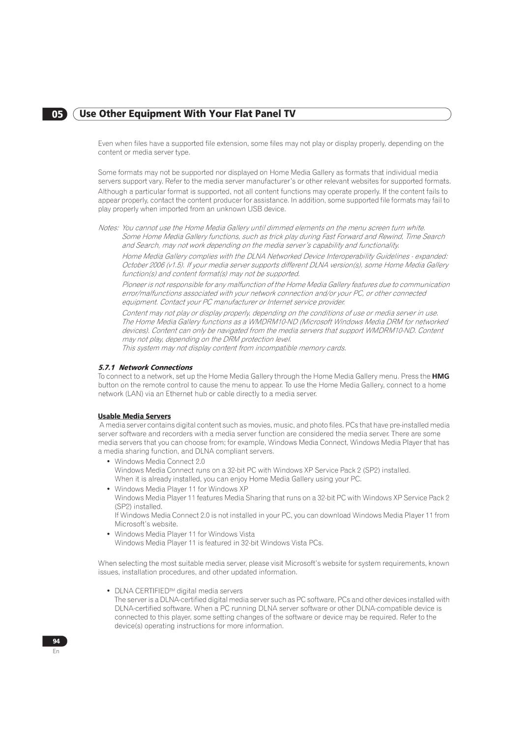 Pioneer PRO-151FD, PRO-111FD manual Network Connections, Usable Media Servers 