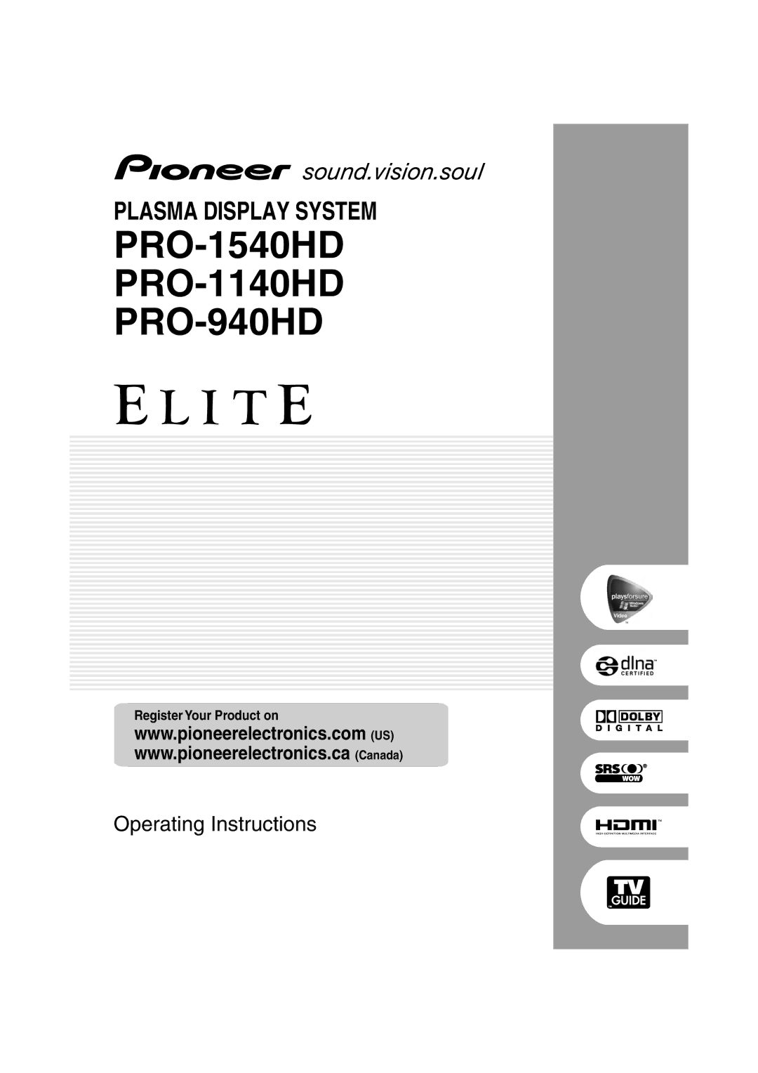 Pioneer operating instructions PRO-1540HDPRO-1140HDPRO-940HD 