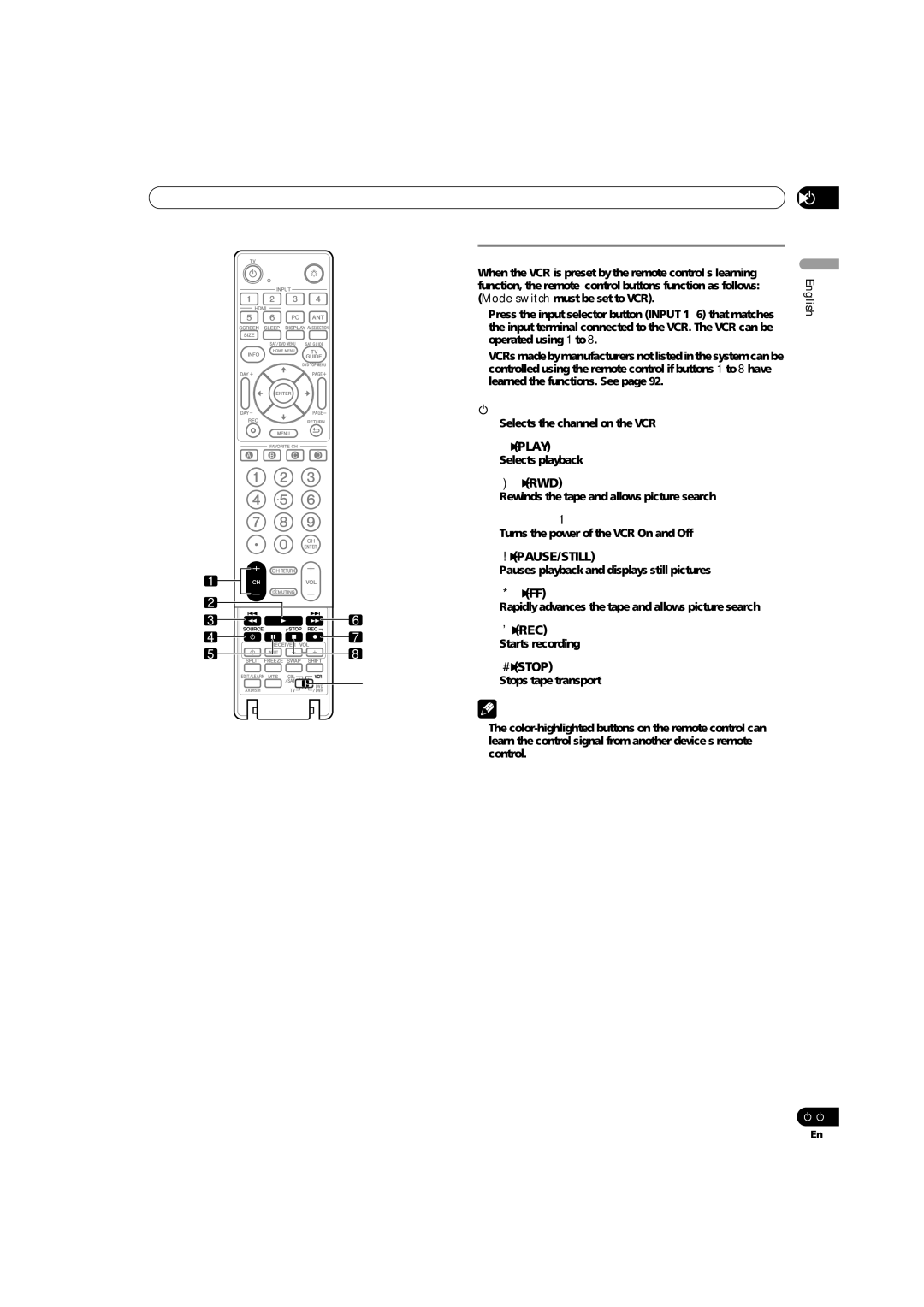 Pioneer PRO-940HD, PRO-1540HD, PRO-1140HD operating instructions VCR control buttons, Mode switch with VCR selected 