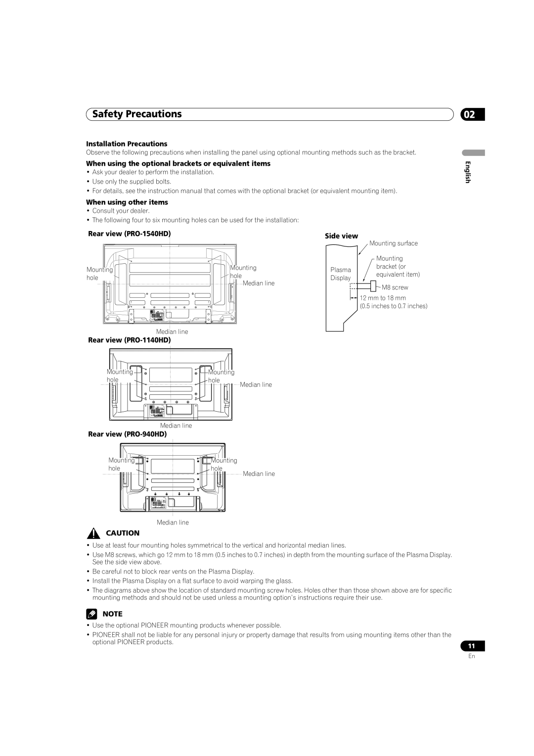 Pioneer PRO-940HD Installation Precautions, When using the optional brackets or equivalent items, When using other items 