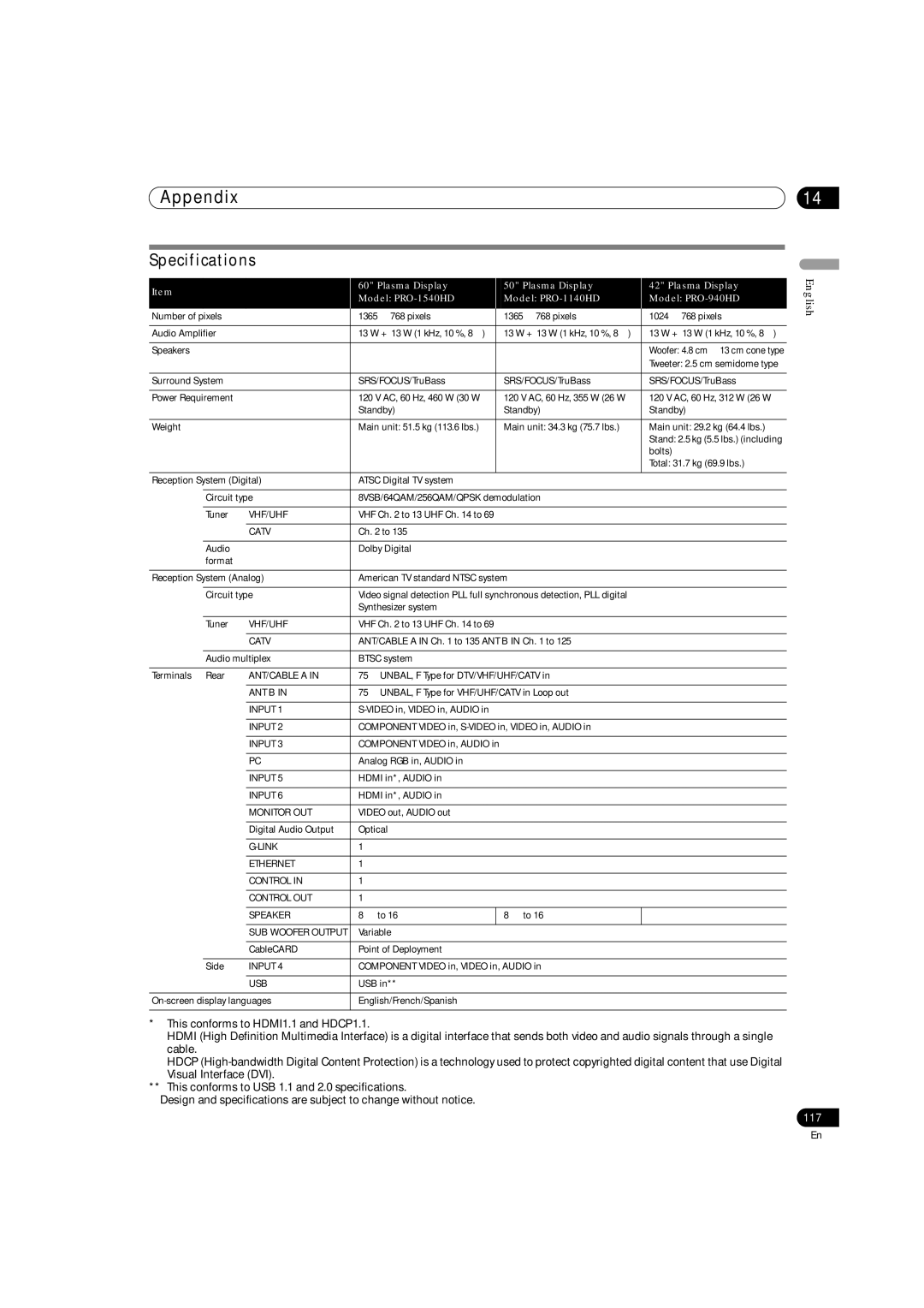 Pioneer PRO-1540HD, PRO-1140HD, PRO-940HD operating instructions Specifications, Catv 