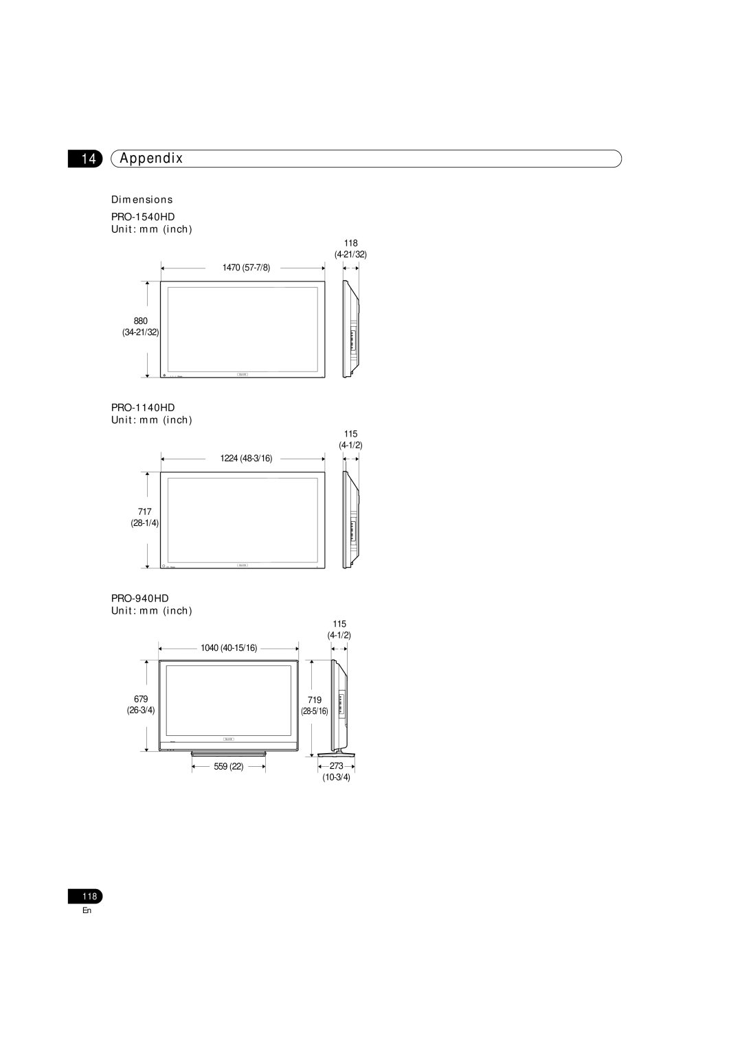 Pioneer PRO-940HD operating instructions Dimensions PRO-1540HD Unit mm inch, PRO-1140HD Unit mm inch 