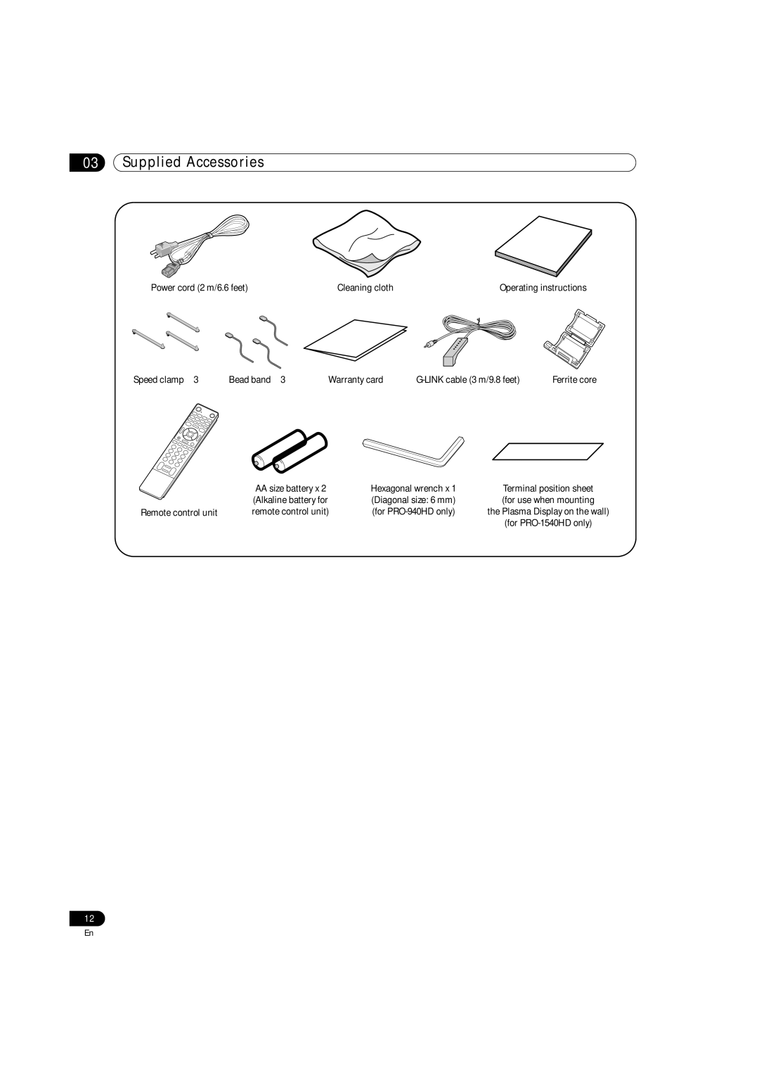 Pioneer PRO-1540HD, PRO-1140HD, PRO-940HD operating instructions Supplied Accessories 