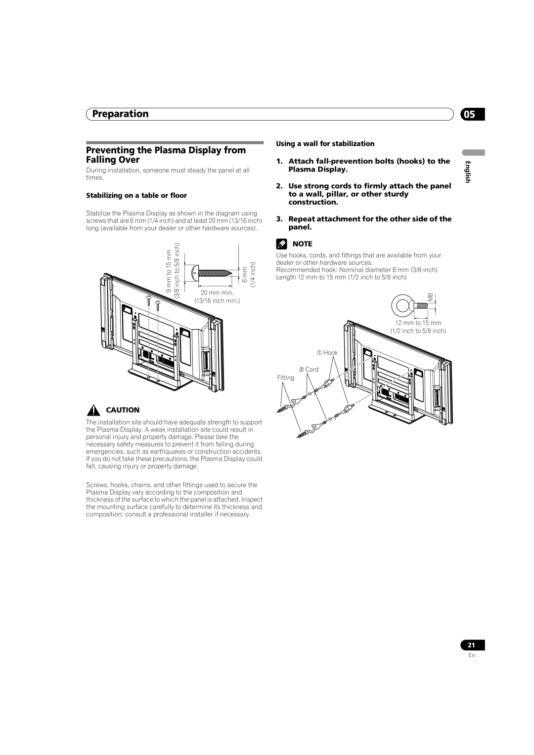 Pioneer PRO-1540HD, PRO-1140HD Preventing the Plasma Display from Falling Over, Stabilizing on a table or floor, Mm min 