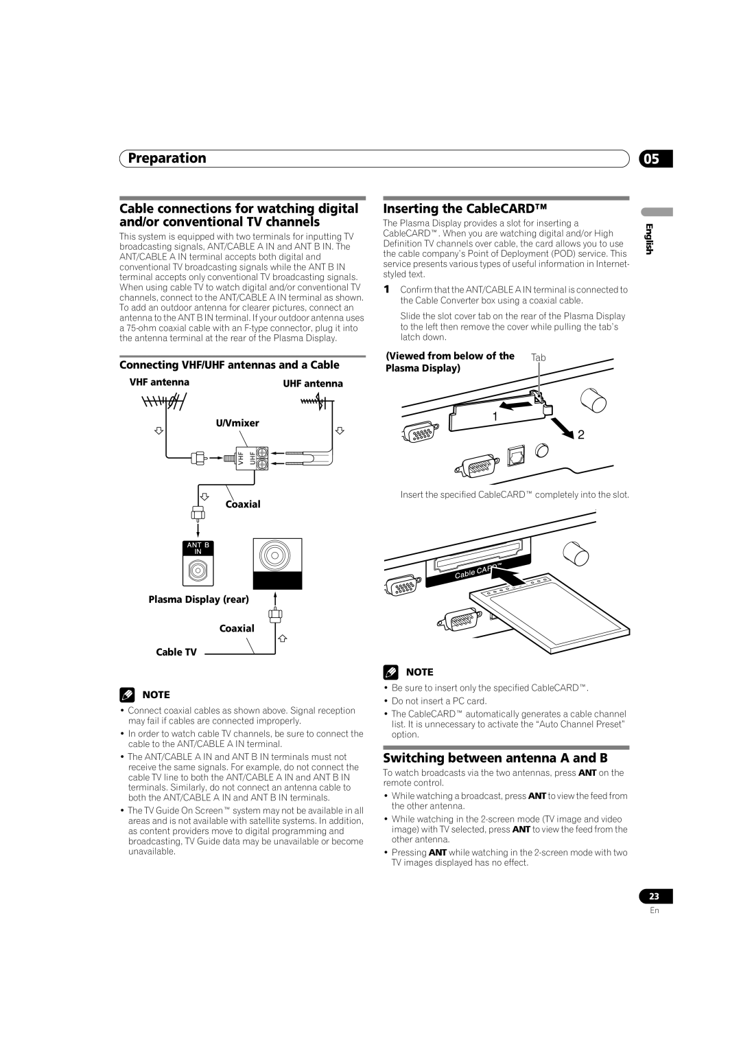 Pioneer PRO-940HD Inserting the CableCARD, Switching between antenna a and B, Connecting VHF/UHF antennas and a Cable 