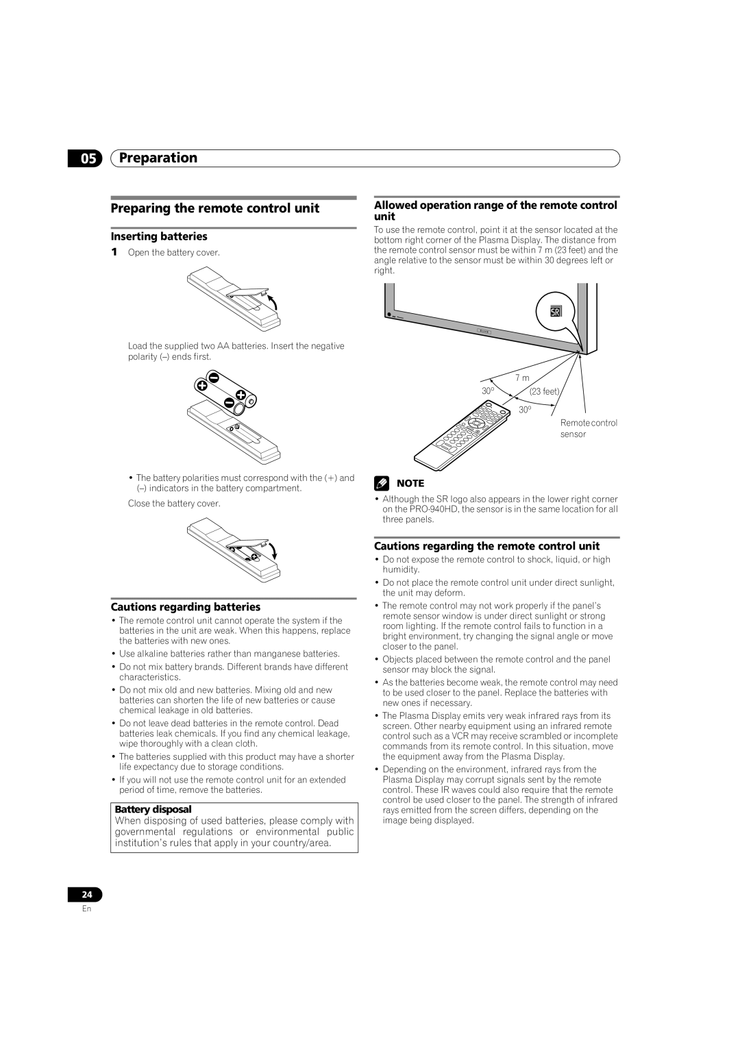 Pioneer PRO-1540HD, PRO-1140HD, PRO-940HD Preparing the remote control unit, Inserting batteries, Battery disposal 