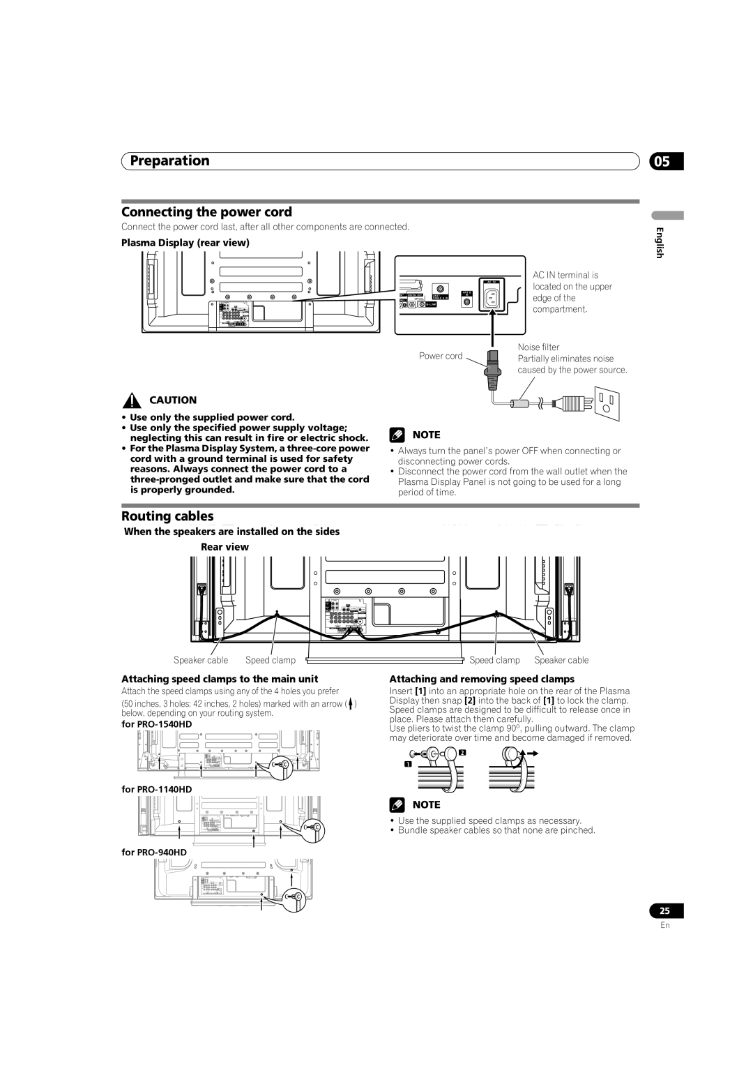 Pioneer PRO-1140HD, PRO-1540HD, PRO-940HD Connecting the power cord, Routing cables, Plasma Display rear view 