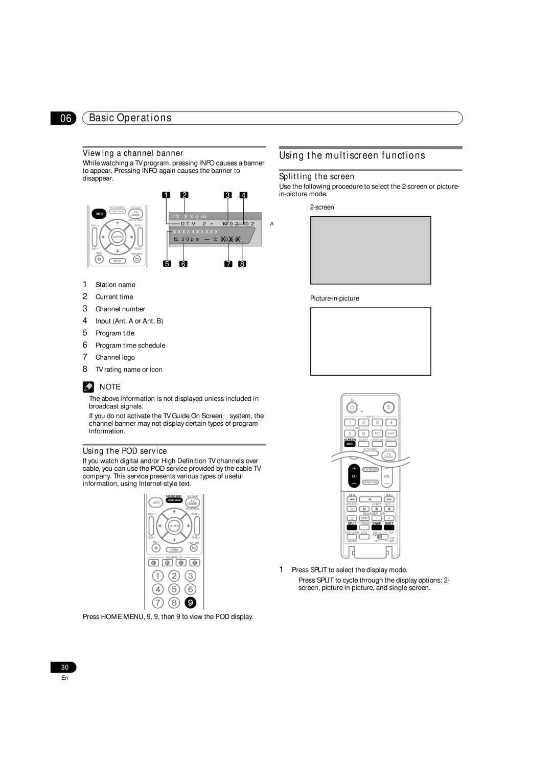 Pioneer PRO-1540HD Using the multiscreen functions, Viewing a channel banner, Using the POD service, Splitting the screen 