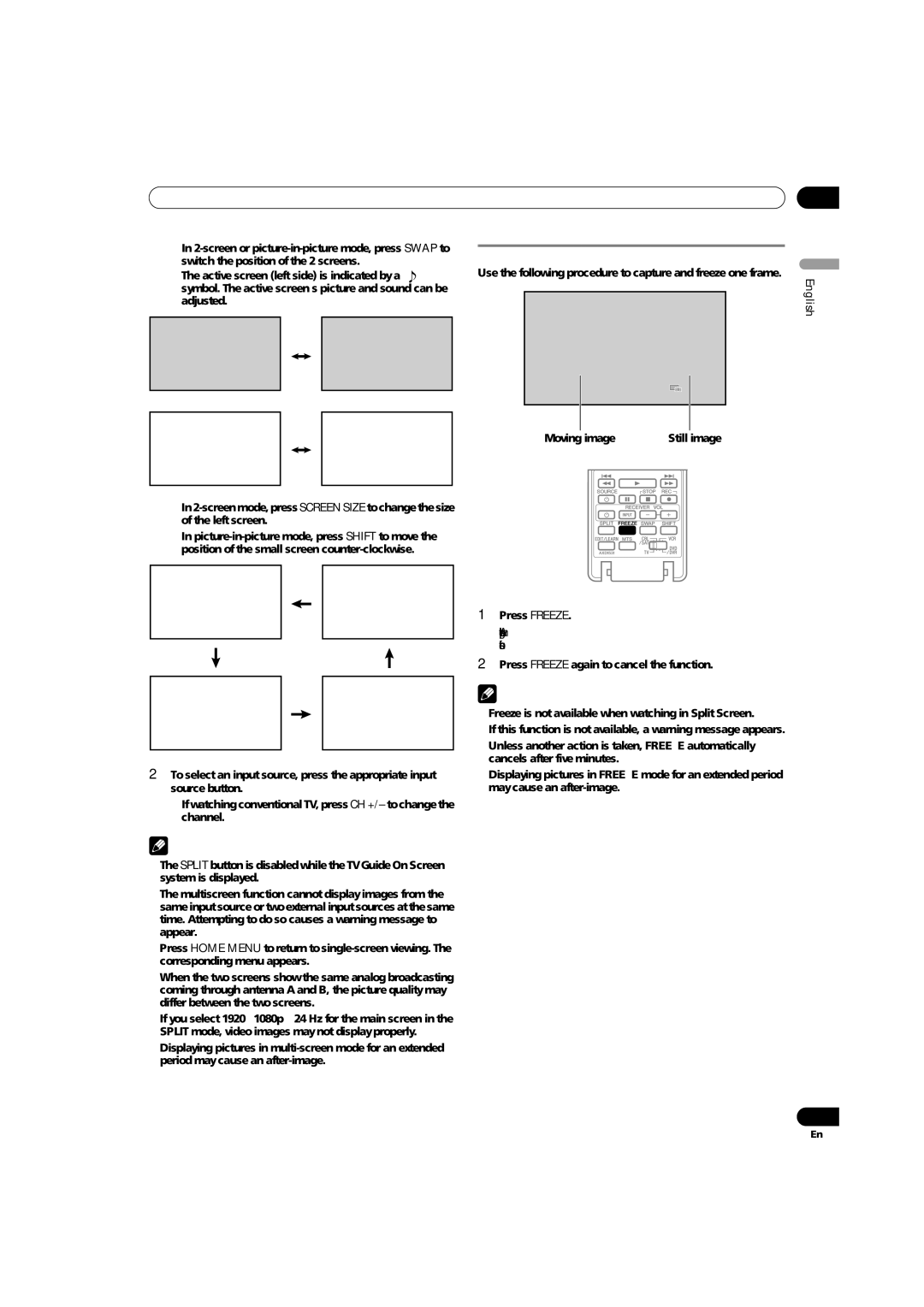 Pioneer PRO-1140HD, PRO-1540HD Freezing images, Use the following procedure to capture and freeze one frame, Press Freeze 