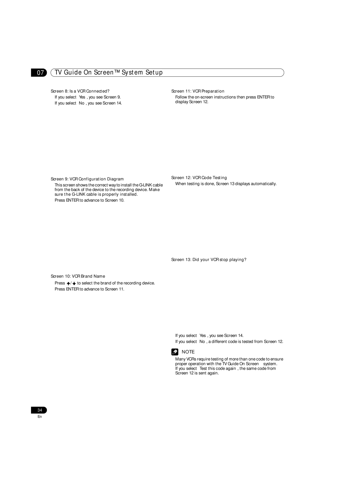 Pioneer PRO-1140HD, PRO-1540HD Screen 8 Is a VCR Connected?, Screen 9 VCR Configuration Diagram, Screen 10 VCR Brand Name 