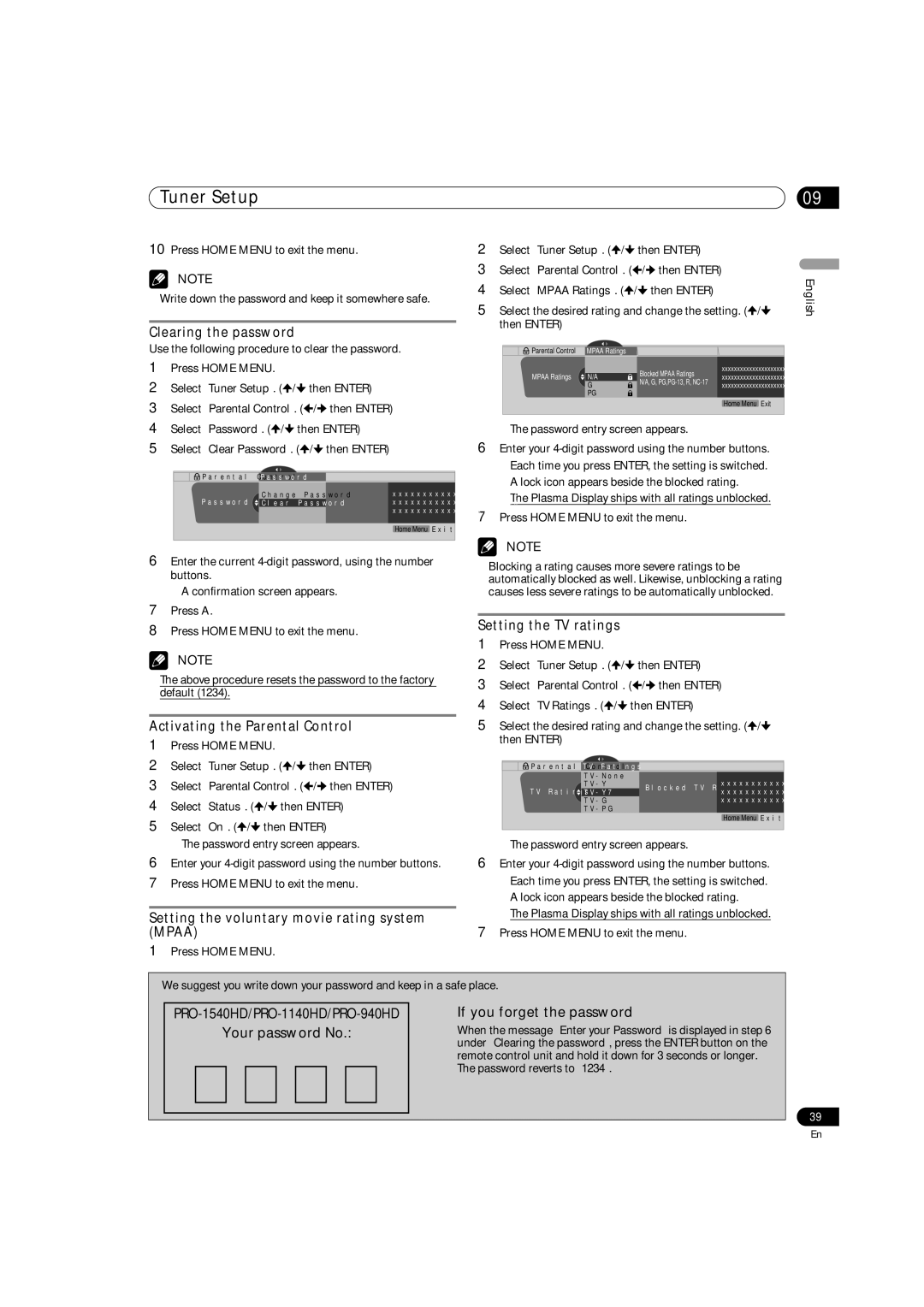 Pioneer PRO-1540HD, PRO-1140HD, PRO-940HD Clearing the password, Activating the Parental Control, Setting the TV ratings 