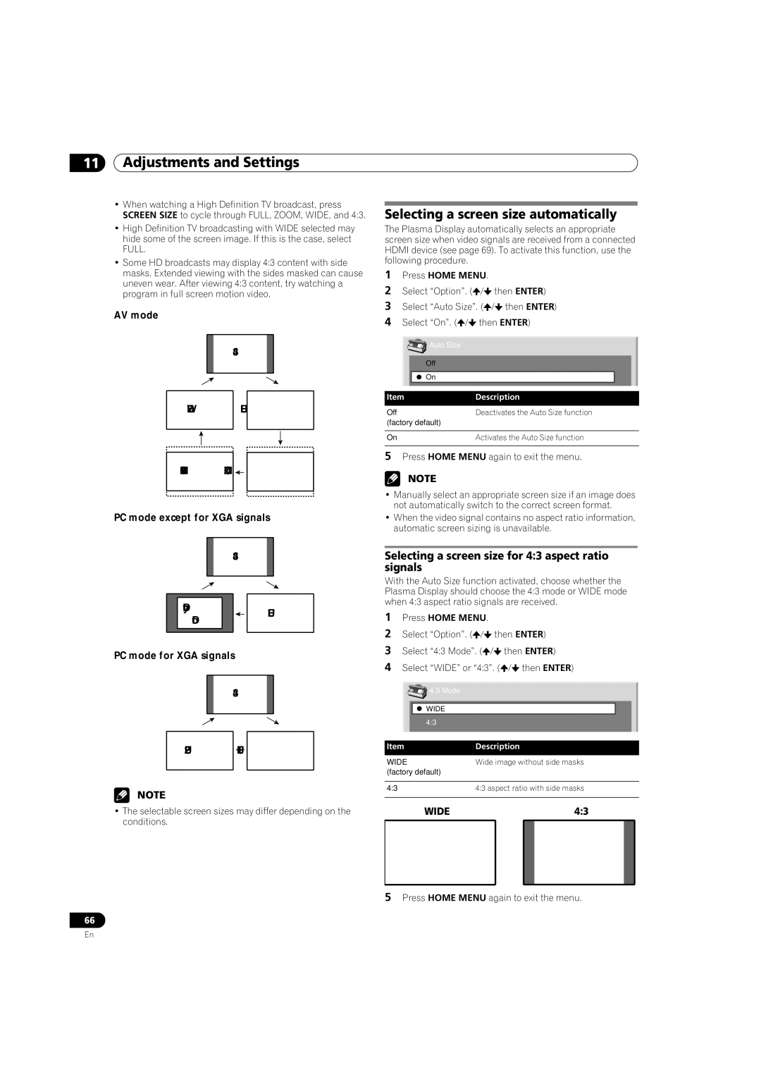 Pioneer PRO-1540HD, PRO-1140HD Selecting a screen size automatically, Selecting a screen size for 43 aspect ratio signals 