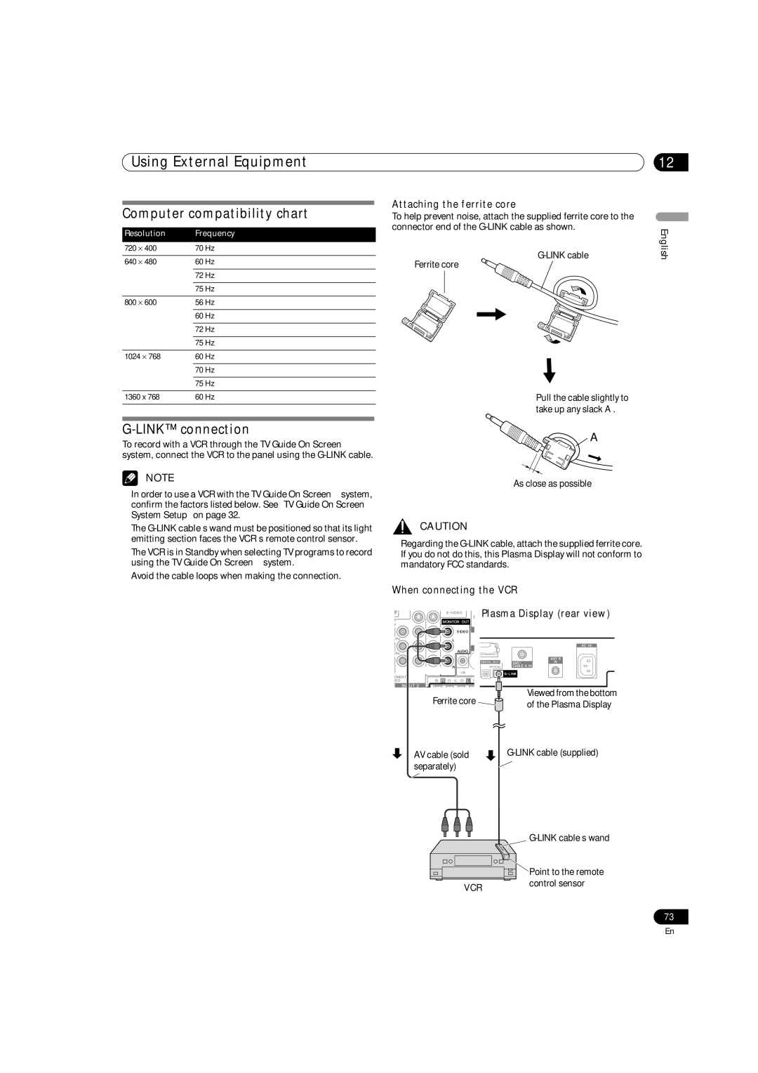 Pioneer PRO-1140HD, PRO-1540HD, PRO-940HD Computer compatibility chart, Link connection, Attaching the ferrite core 