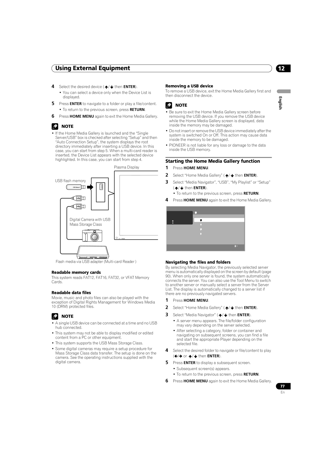 Pioneer PRO-940HD, PRO-1540HD Starting the Home Media Gallery function, Removing a USB device, Readable memory cards 