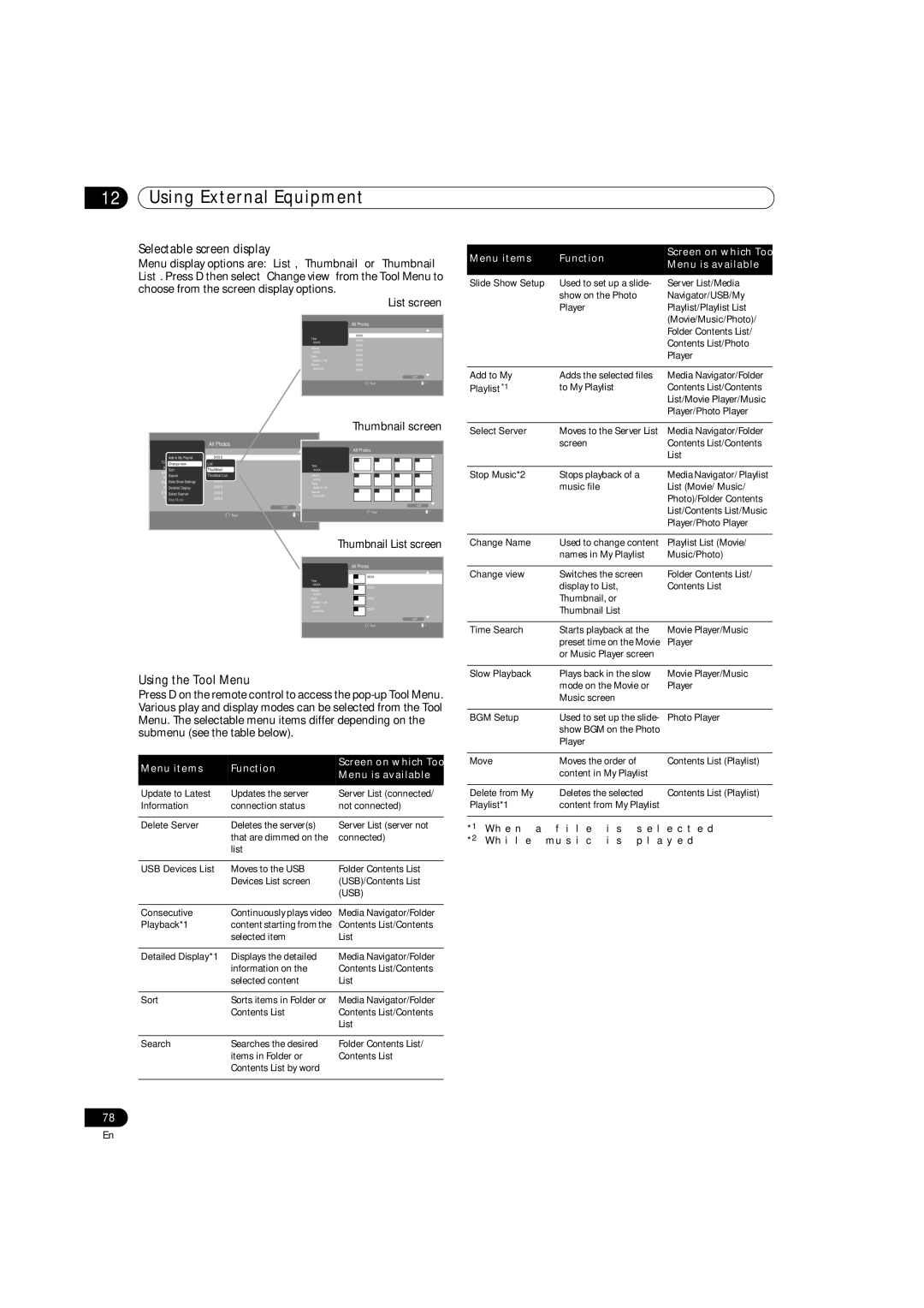 Pioneer PRO-1540HD, PRO-1140HD Selectable screen display, Using the Tool Menu, Thumbnail screen, Thumbnail List screen 