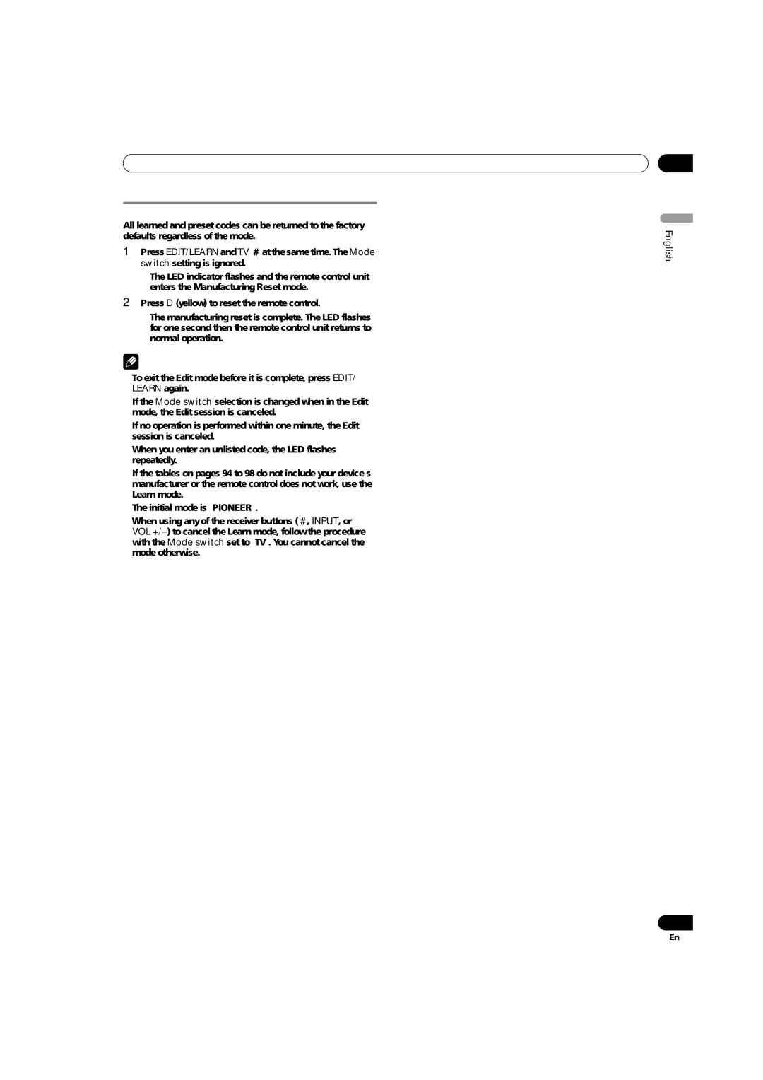 Pioneer PRO-1540HD, PRO-1140HD, PRO-940HD operating instructions Manufacturing Reset 