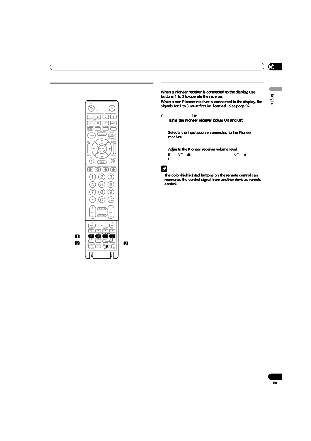 Pioneer PRO-1540HD, PRO-1140HD, PRO-940HD Using the remote control unit to control other devices, Receiver control buttons 