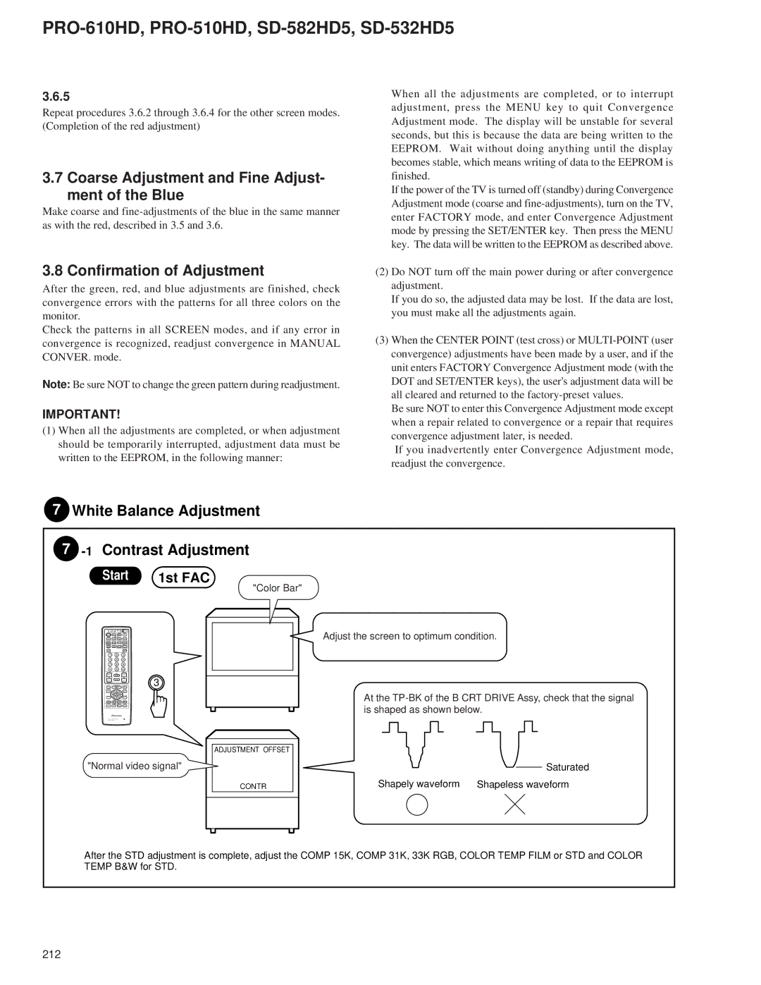 Pioneer PRO-610HD, PRO-510HD service manual Coarse Adjustment and Fine Adjust- ment of the Blue, Confirmation of Adjustment 