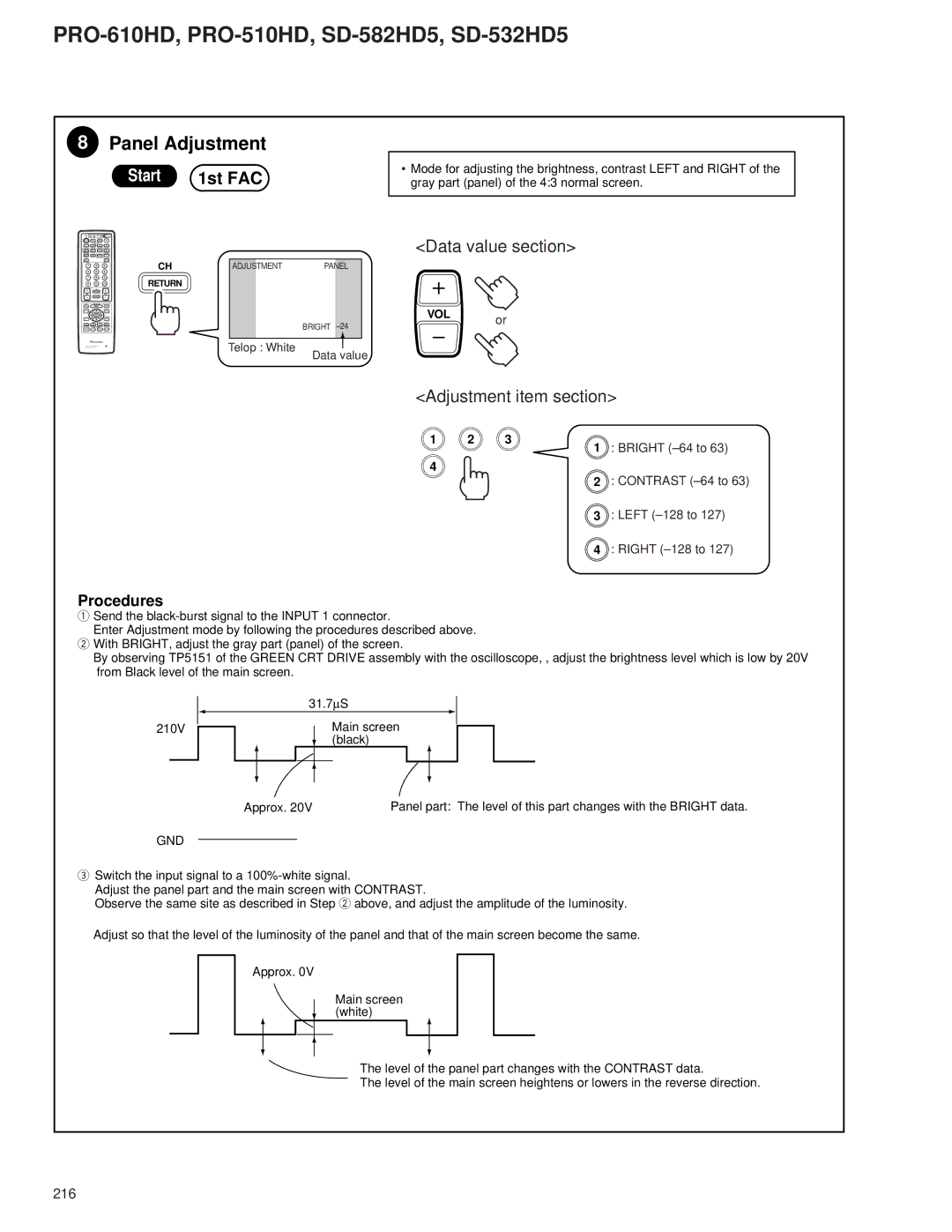 Pioneer PRO-610HD, PRO-510HD service manual Panel Adjustment, Procedures, Gnd 