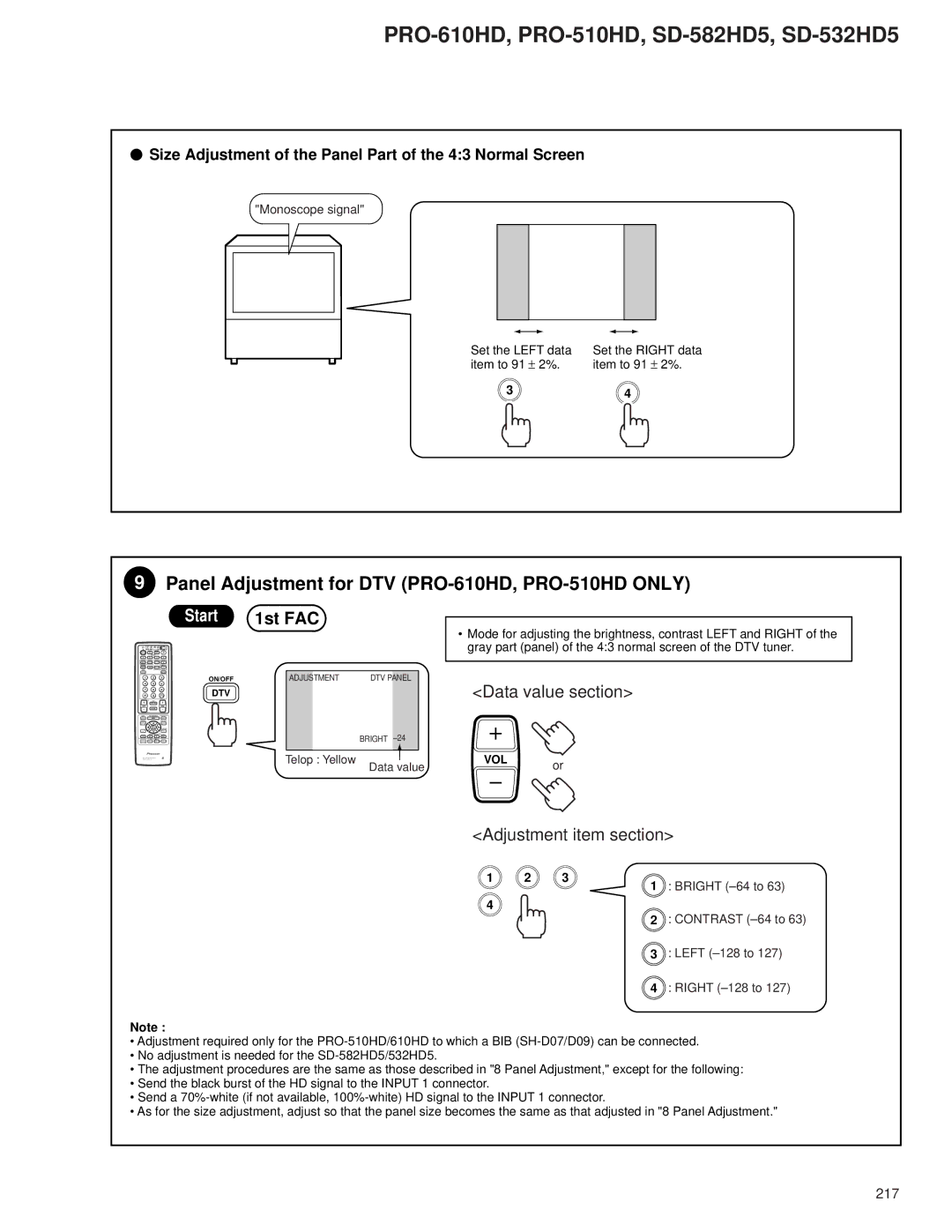 Pioneer Panel Adjustment for DTV PRO-610HD, PRO-510HD only, Size Adjustment of the Panel Part of the 43 Normal Screen 