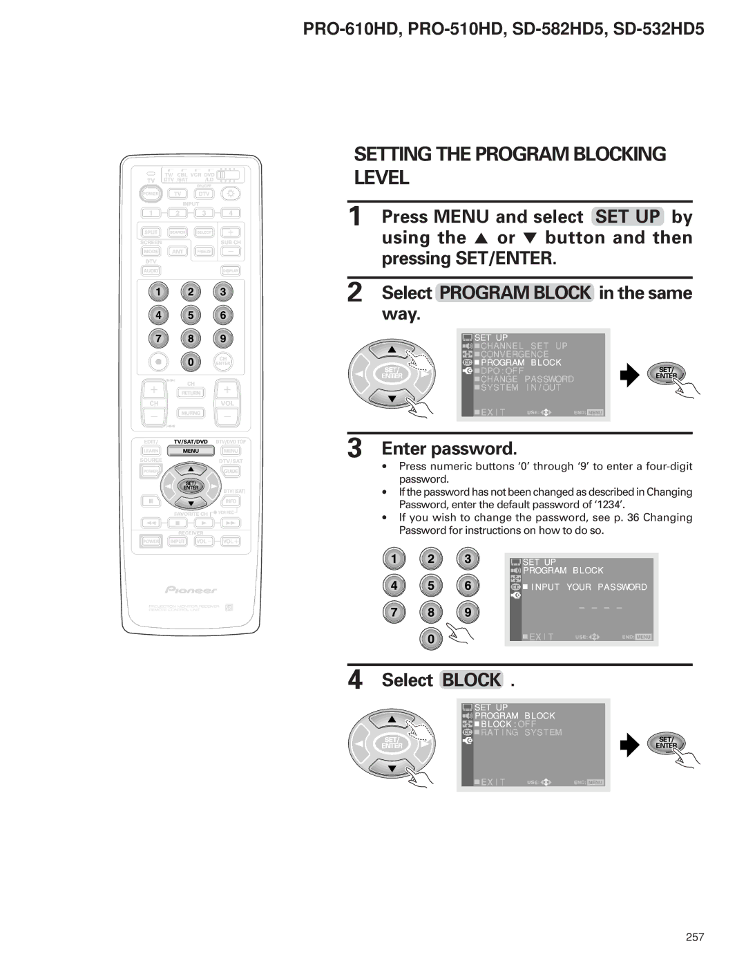 Pioneer PRO-510HD, PRO-610HD service manual Setting the Program Blocking Level 