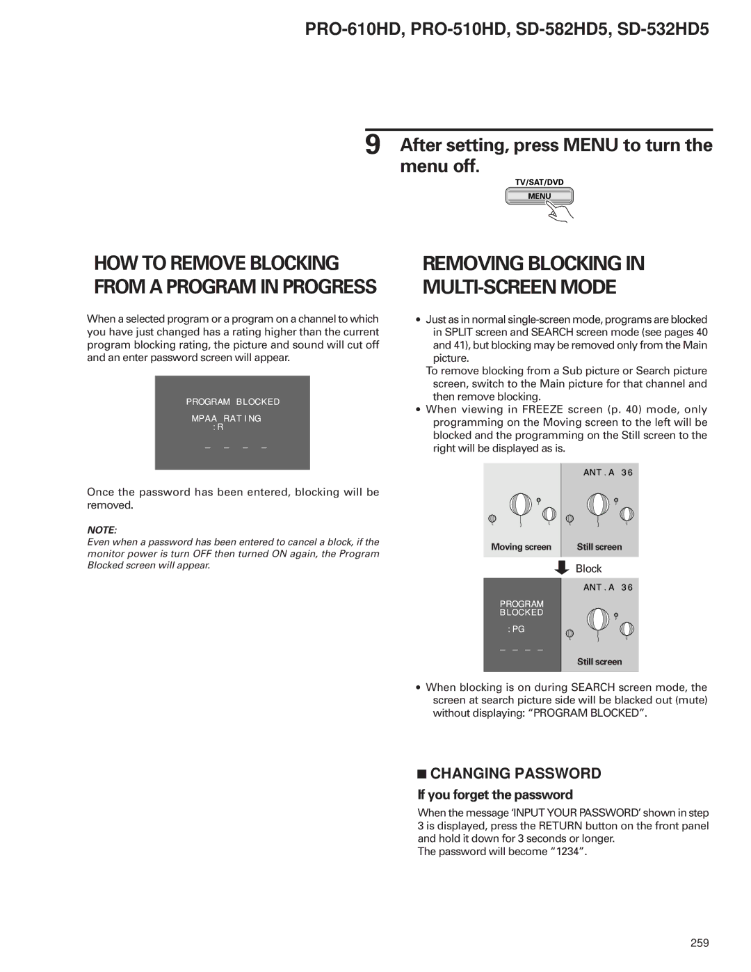 Pioneer PRO-510HD, PRO-610HD service manual HOW to Remove Blocking from a Program in Progress, Changing Password 