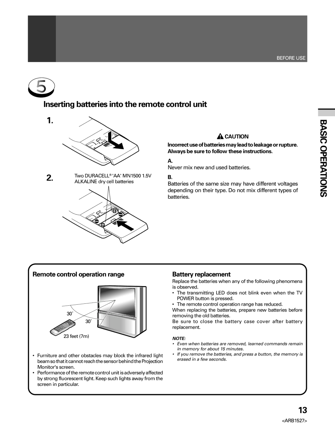 Pioneer PRO 510HD manual Basic Operations, Inserting batteries into the remote control unit, Remote control operation range 