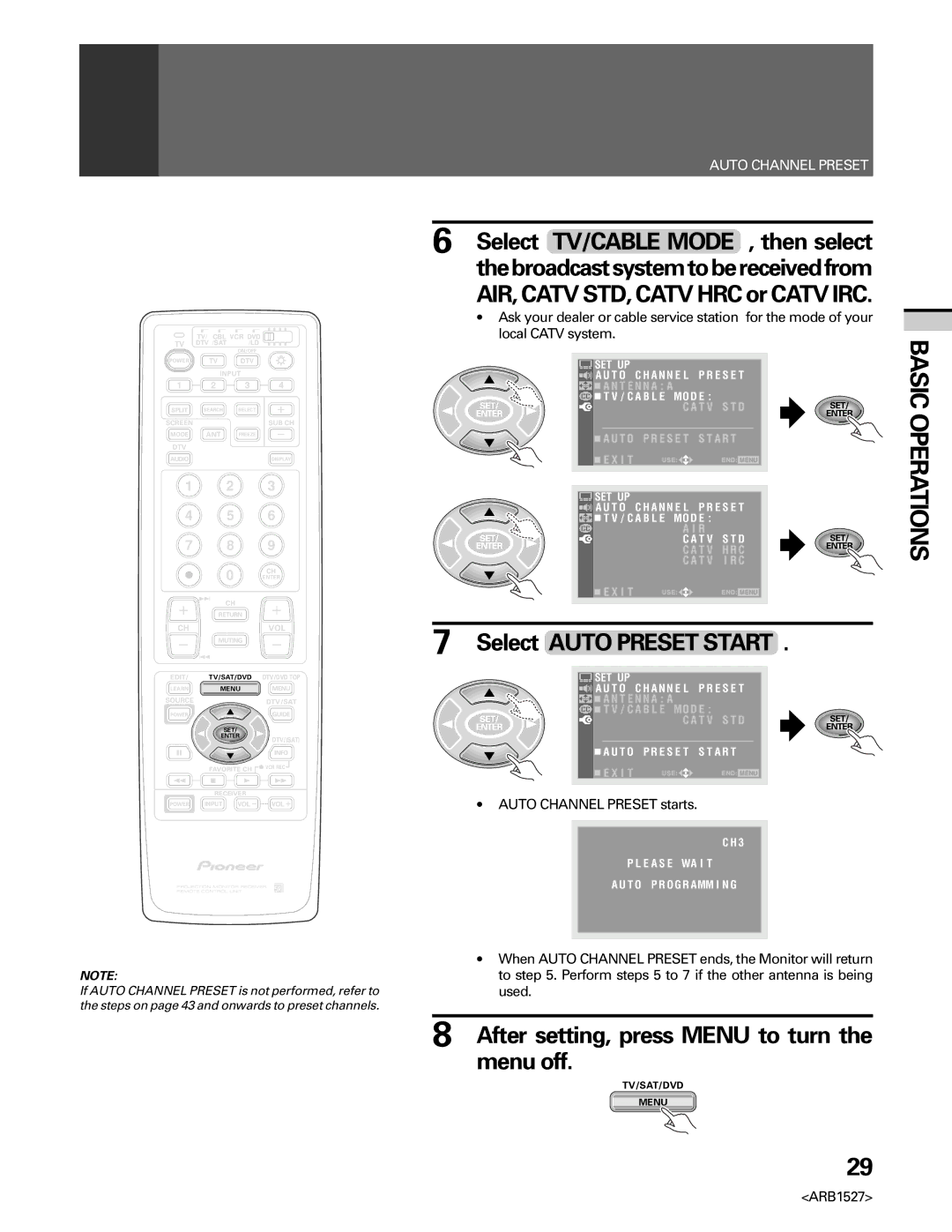 Pioneer PRO 510HD Select Auto Preset Start, After setting, press Menu to turn the menu off, ∙ Auto Channel Preset starts 