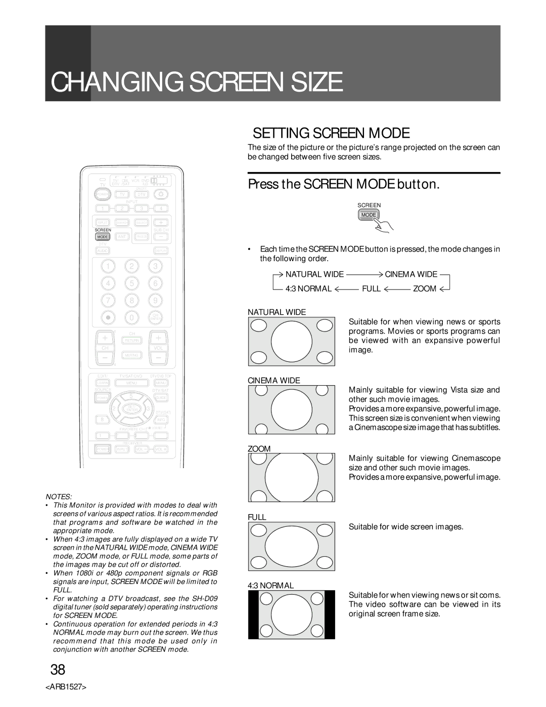 Pioneer PRO-610HD, PRO 510HD manual Changing Screen Size, Setting Screen Mode, Press the Screen Mode button 