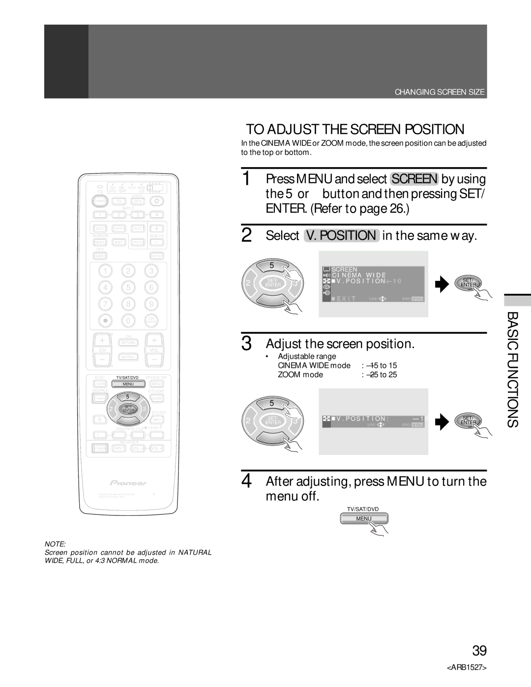 Pioneer PRO 510HD manual To Adjust the Screen Position, Adjust the screen position, ∙ Adjustable range Cinema Wide mode 