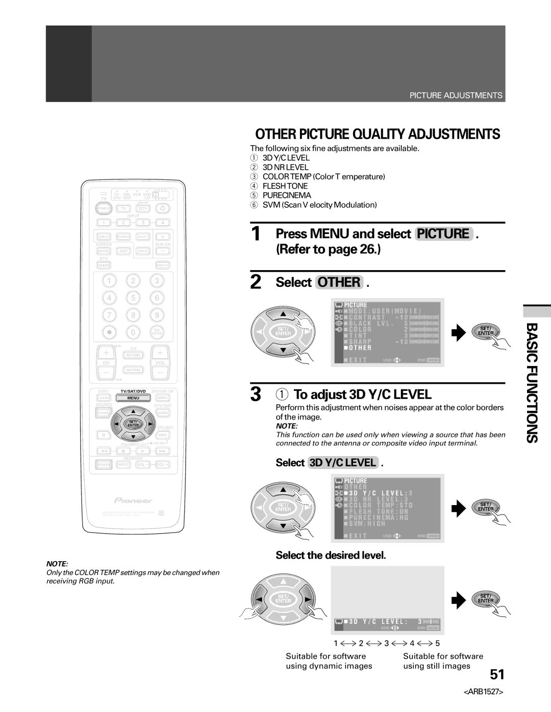 Pioneer PRO 510HD manual Press Menu and select Picture . Refer to Select Other, To adjust 3D Y/C Level, Select 3D Y/C Level 