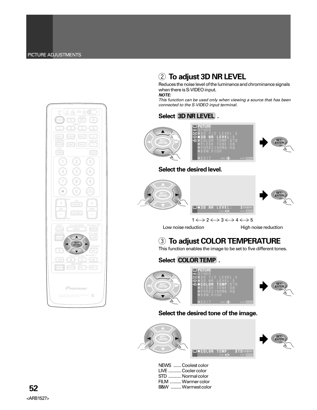 Pioneer PRO-610HD, PRO 510HD To adjust 3D NR Level, To adjust Color Temperature, Select 3D NR Level, Select Color Temp 