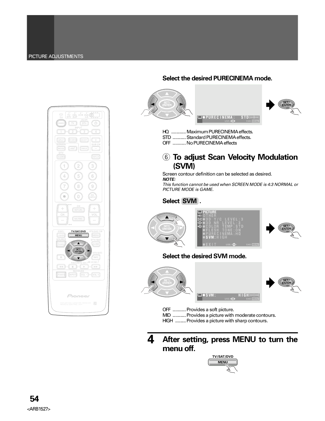 Pioneer PRO-610HD, PRO 510HD manual To adjust Scan Velocity Modulation, Select the desired Purecinema mode, Select SVM 