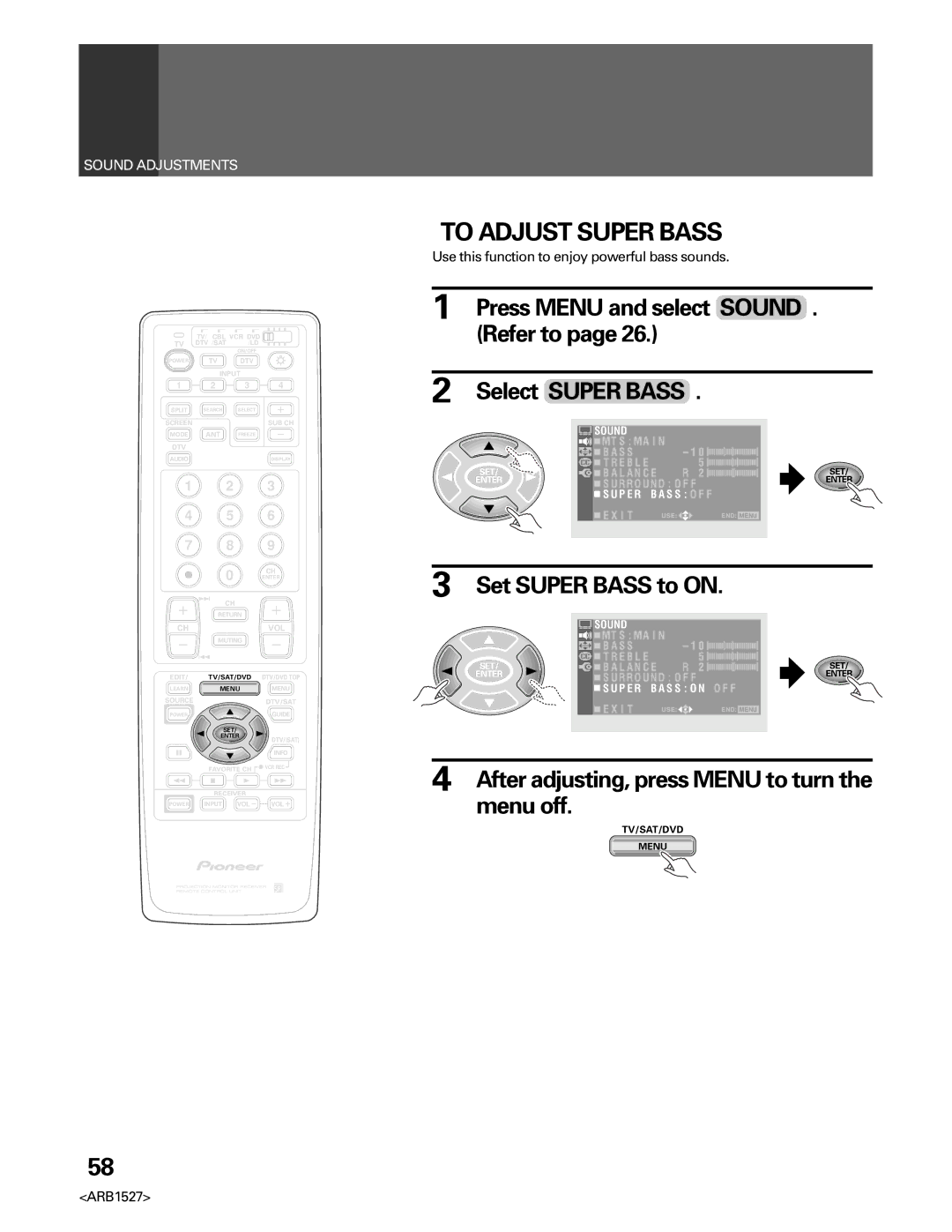 Pioneer PRO-610HD, PRO 510HD manual To Adjust Super Bass, Select Super Bass, Set Super Bass to on 