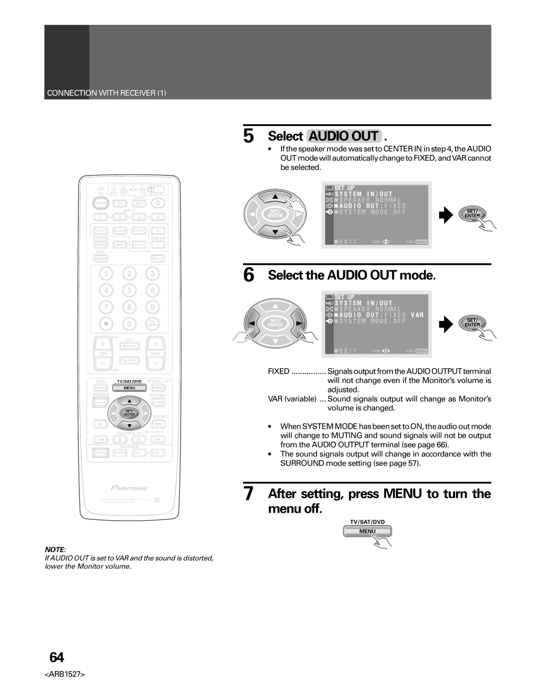 Pioneer PRO-610HD, PRO 510HD manual Select Audio OUT, Select the Audio OUT mode 