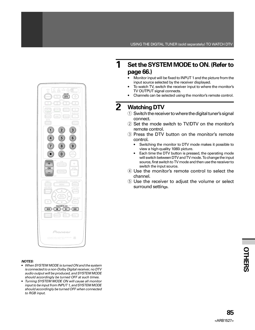 Pioneer PRO 510HD, PRO-610HD Set the System Mode to ON. Refer to, ∙ Switching the monitor to DTV mode makes it possible to 