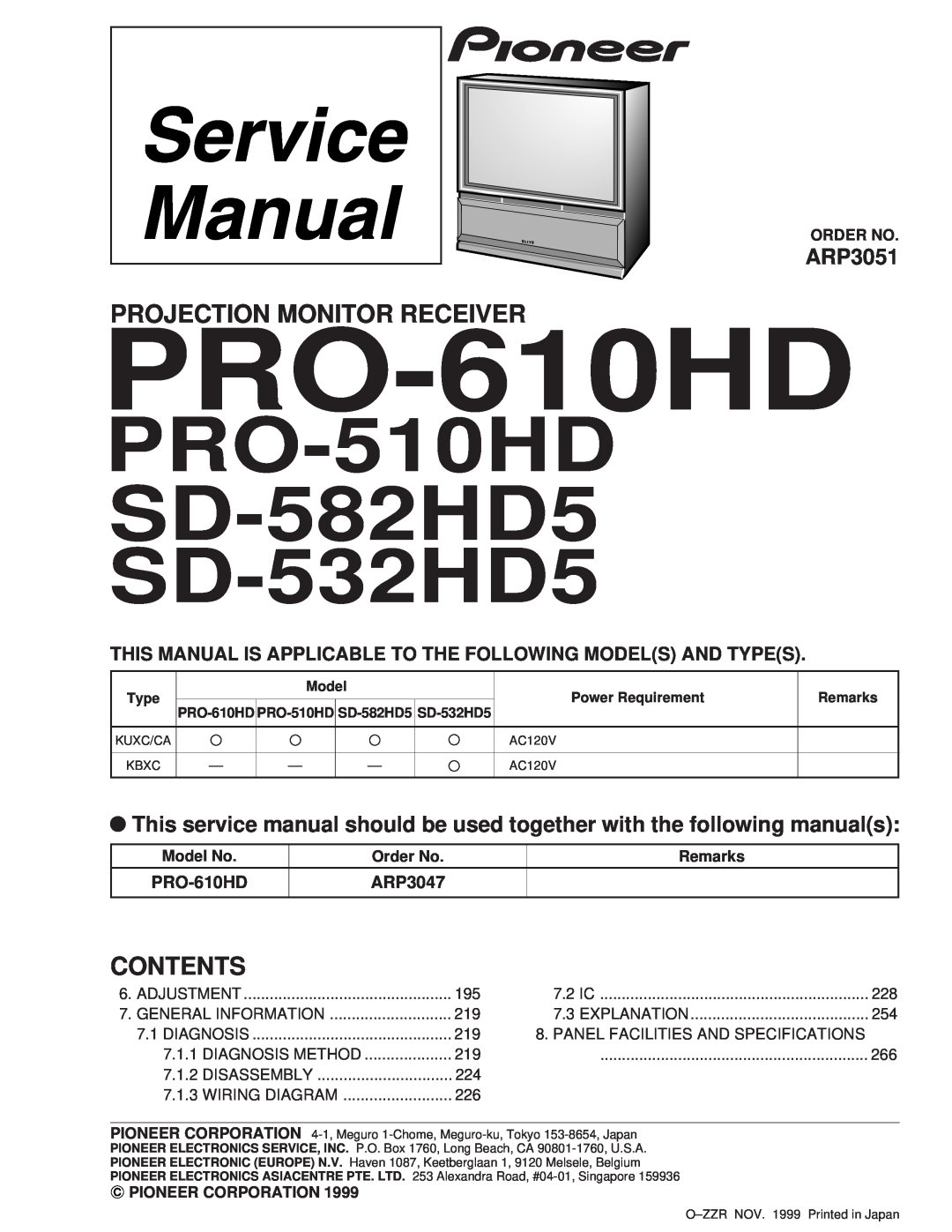 Pioneer PRO-510HD service manual ARP3051, This Manual Is Applicable To The Following Models And Types, ARP3047, PRO-610HD 