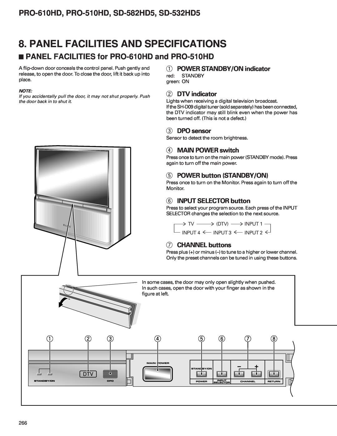 Pioneer Panel Facilities And Specifications, PANEL FACILITIES for PRO-610HD and PRO-510HD, POWER STANDBY/ON indicator 