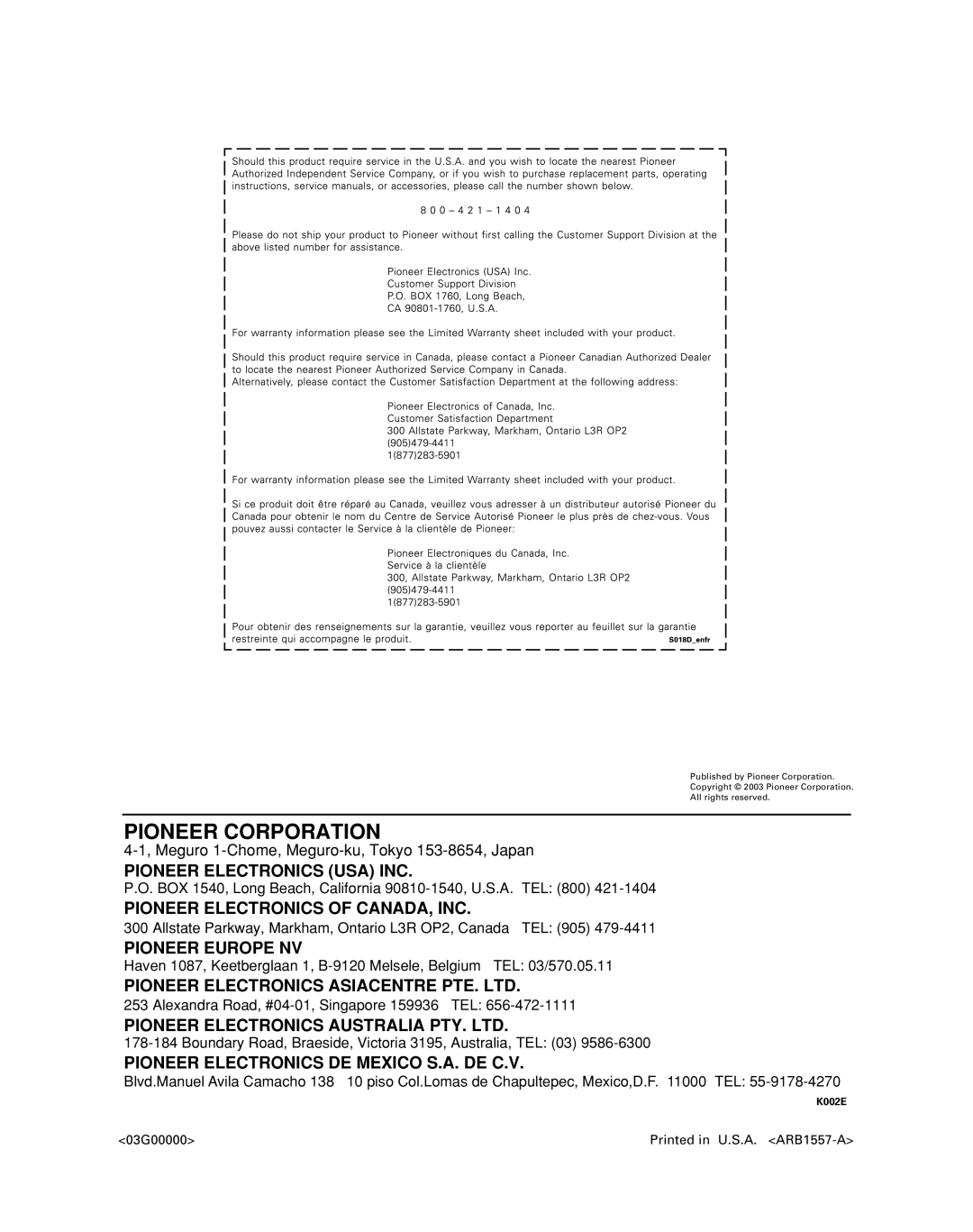 Pioneer PRO-730HDI, PRO-530HDI manual Pioneer Corporation, 03G00000 