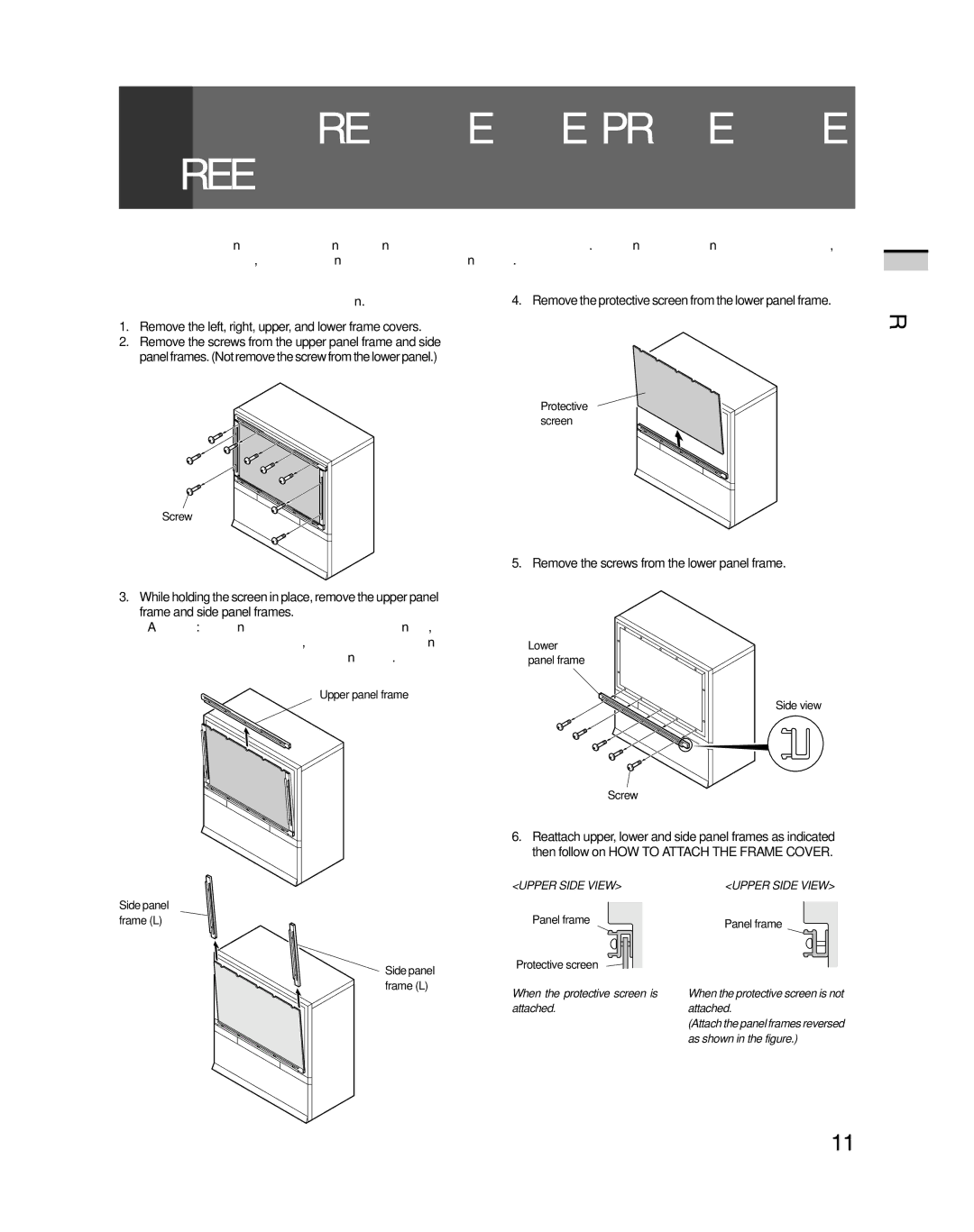 Pioneer PRO-530HDI, PRO-730HDI HOW to Remove the Protective Screen, Remove the left, right, upper, and lower frame covers 